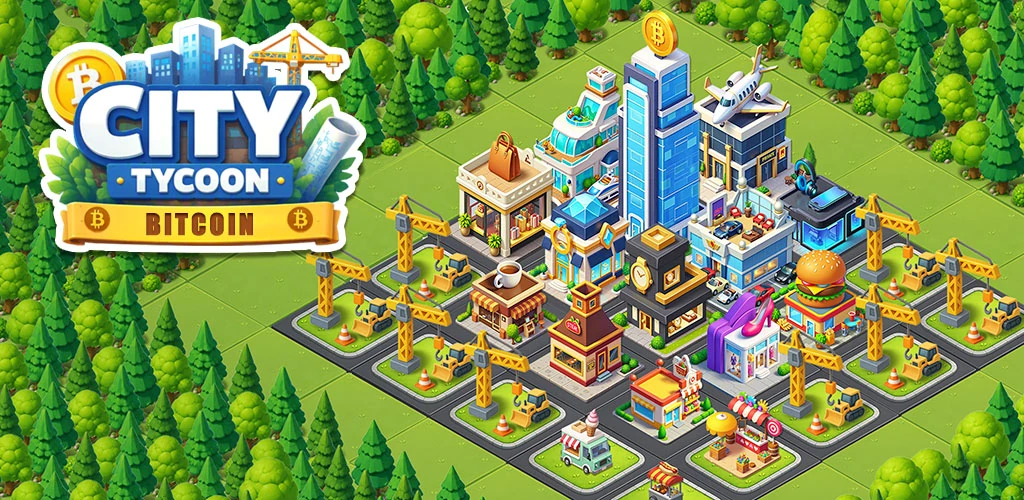 A bustling Bitcoin City Tycoon neighborhood surrounded by lush green forest