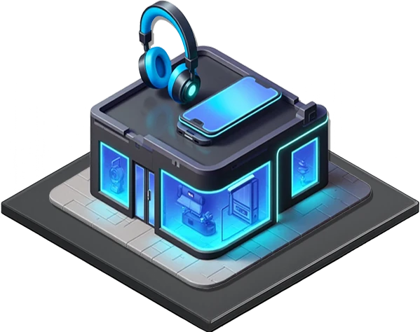 Isometric electronics shop on a square city block