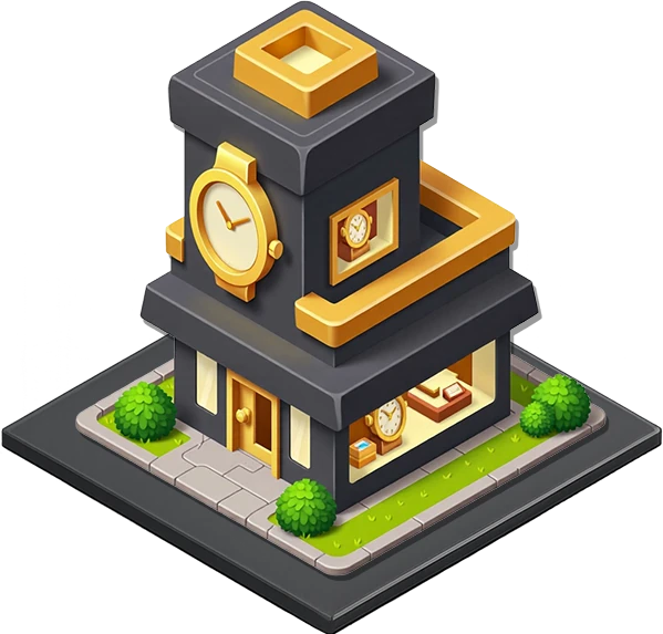 Isometric watch shop on a square city block
