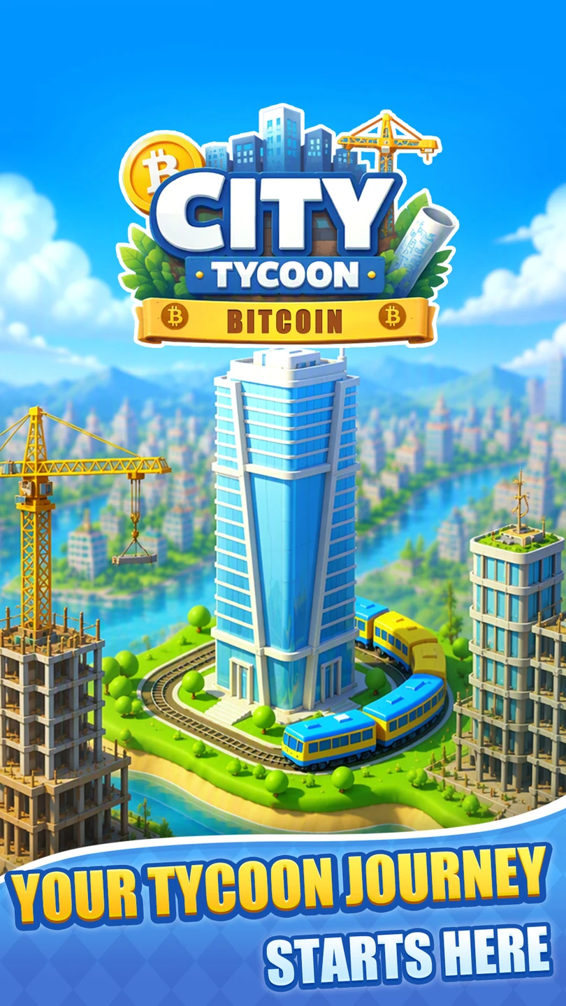 A blue Bitcoin tower and a colorful skyline beneath the City Tycoon logo